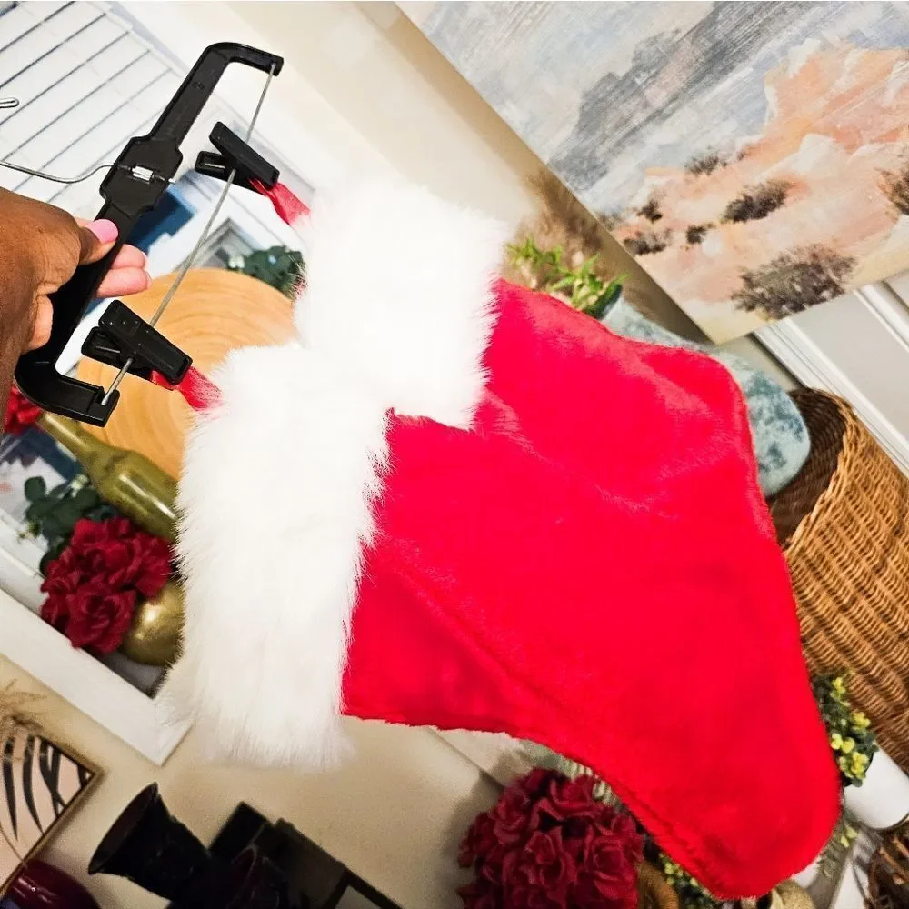 Set Of 2 Retro Fuzzy Cloth Red & White Christmas Holiday Stocking.